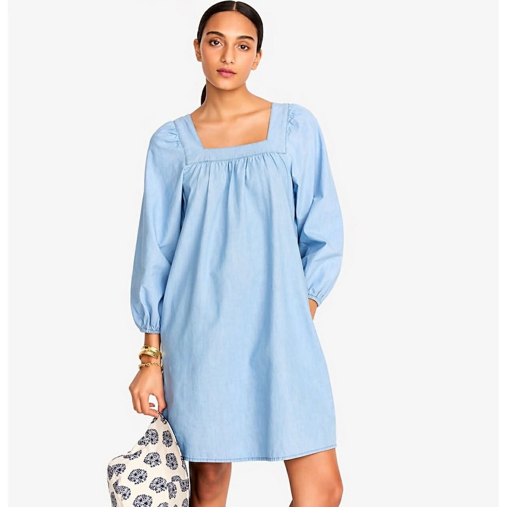 J.Crew Chambray Cotton Shift Mini Dress Square Neck‎ Pockets Puff Sleeve XS